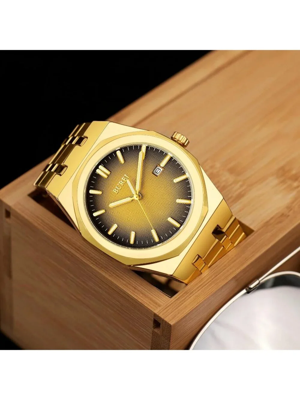 Men's Gold Analog Quartz Tang Buckle Stainless Steel Waterproof Luxury Watch